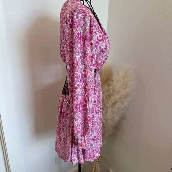 Sky to Moon Pink Floral Long Sleeve Cut Out Dress Medium- cottage, romantic